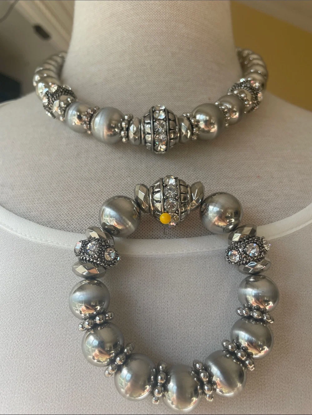Rhinestone-Accented Silver Bead Necklace and Bracelet Set